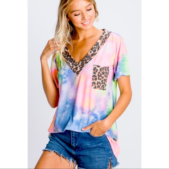 New! Tie Dye And Animal Print Contrast Top - Picture 2 of 8